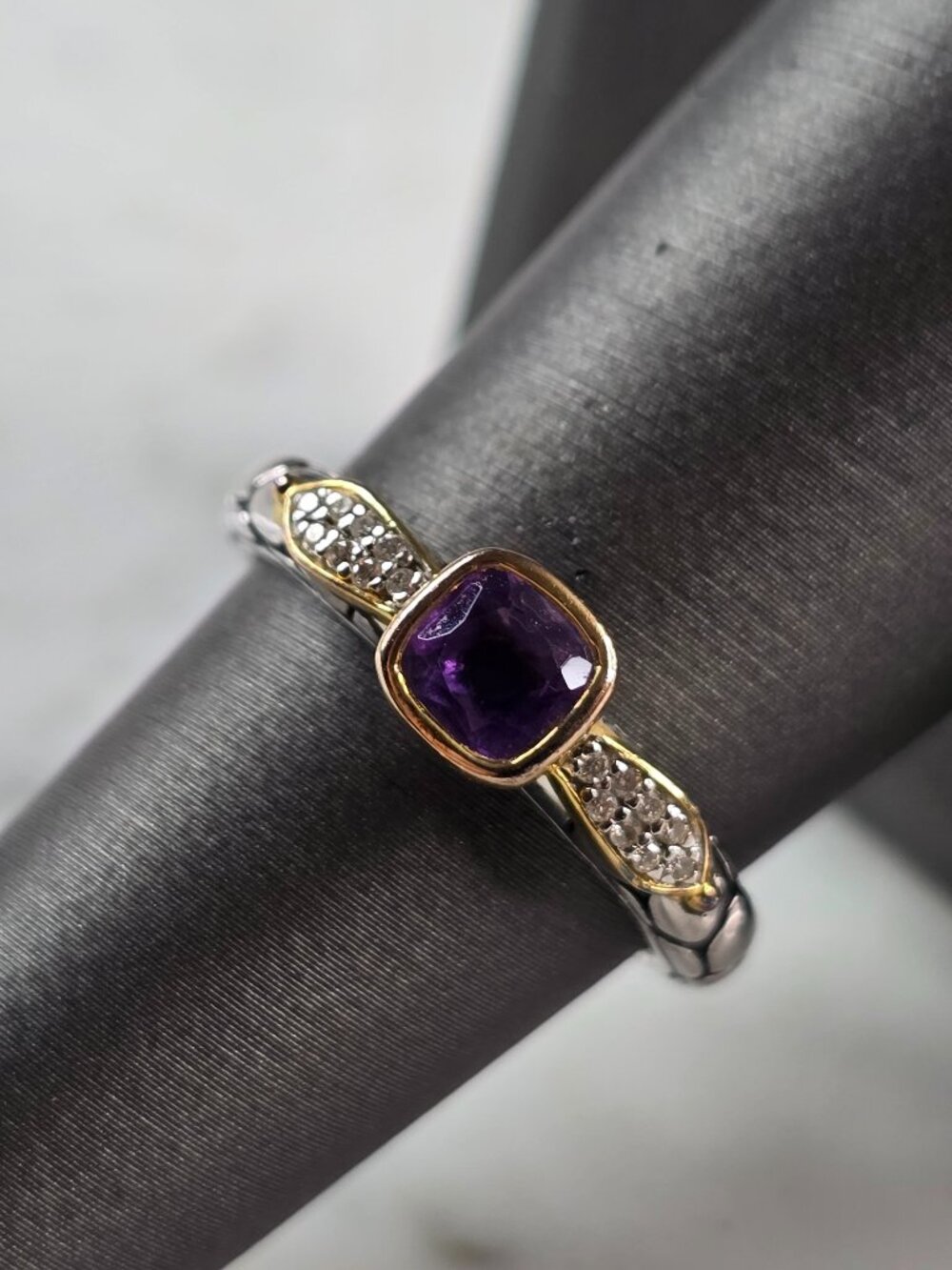 Womens Sterling Silver Gold Tone Modernist Amethyst Ring 3.4g E831